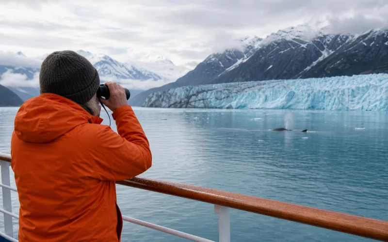 Traveler using binoculars on an Alaska cruise deck