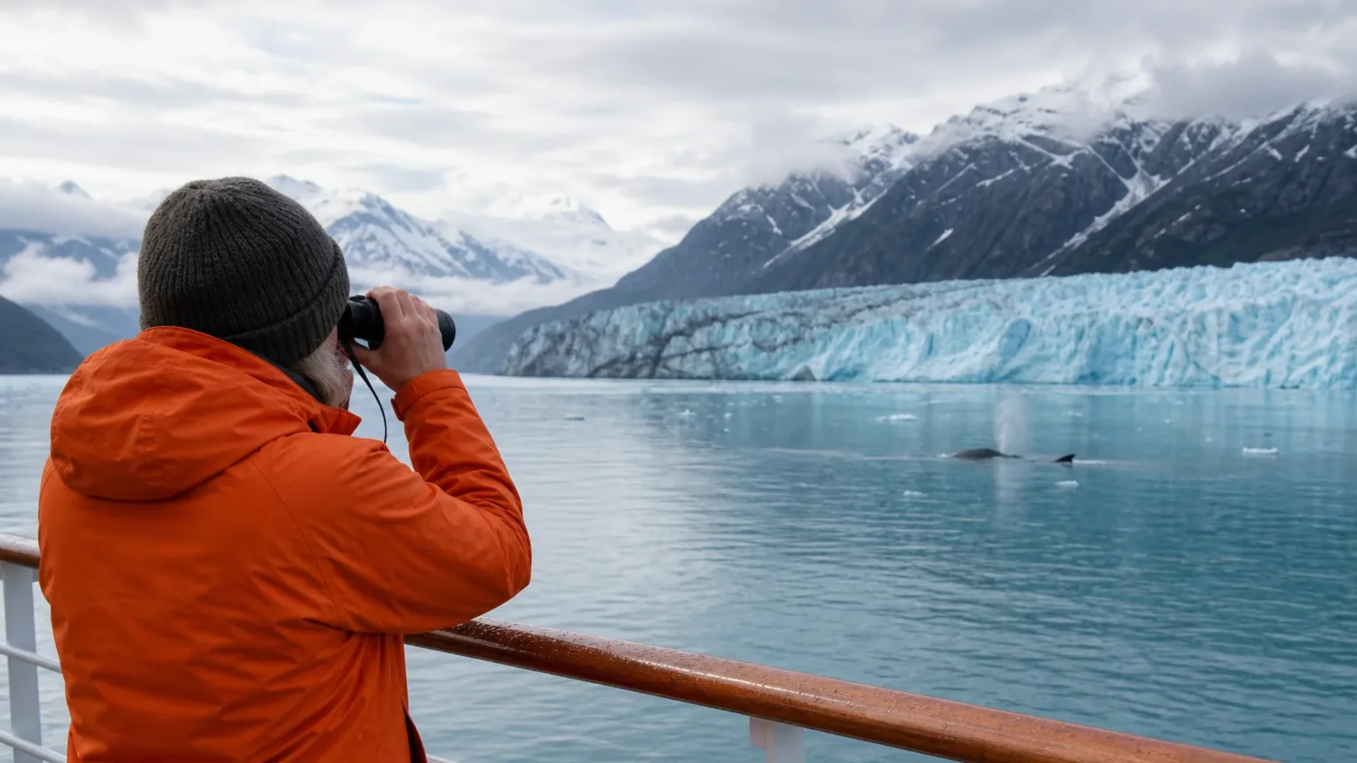 Traveler using binoculars on an Alaska cruise deck