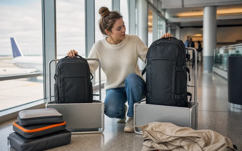 Woman comparing carry-on backpack capacity and airline size limits.