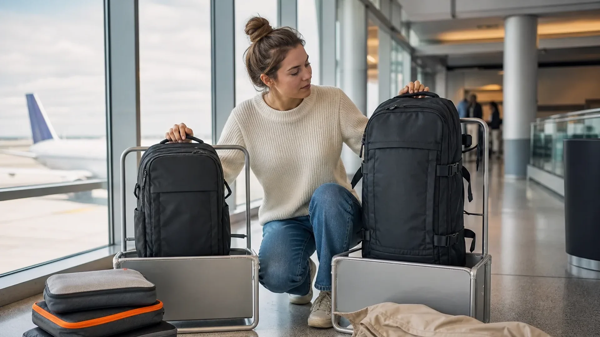 Woman comparing carry-on backpack capacity and airline size limits.