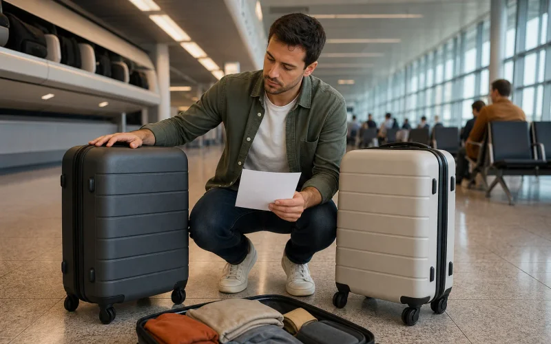 Traveler comparing hard shell carry-on luggage in an airport