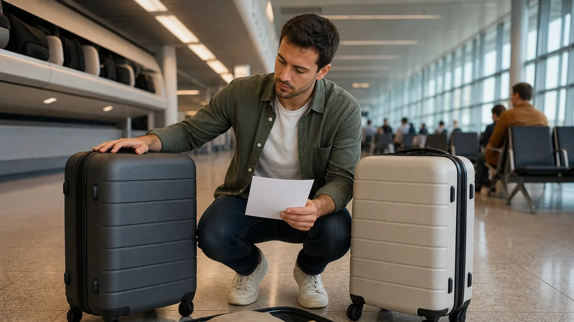 Traveler comparing hard shell carry-on luggage in an airport