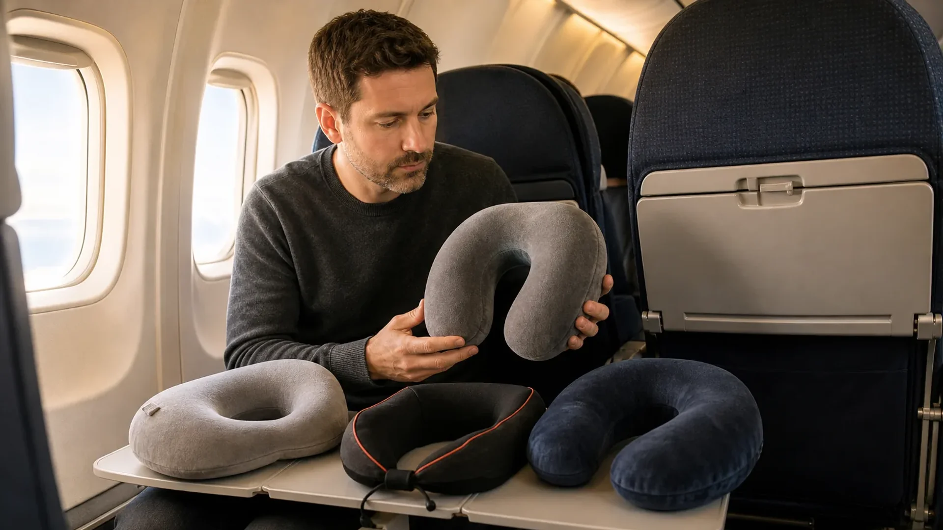 Traveler comparing neck pillows for a long flight