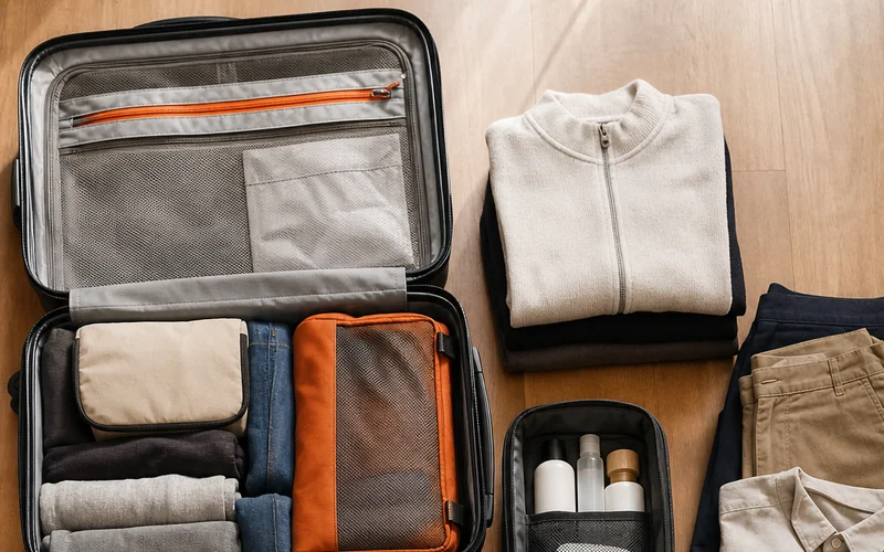 carry on packing layout for two weeks of travel.