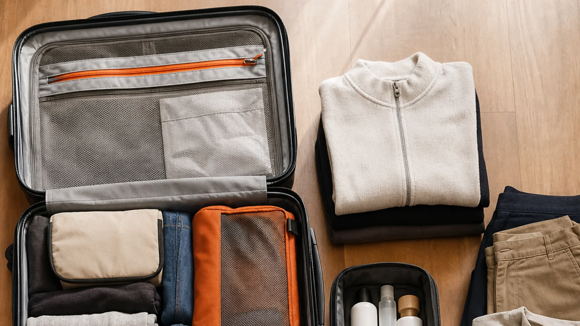 carry on packing layout for two weeks of travel.